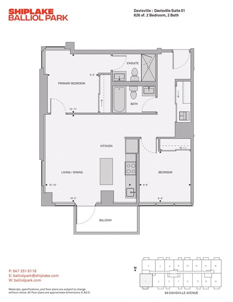 Floor plan for 2 beds, 2 baths, 826 sqft